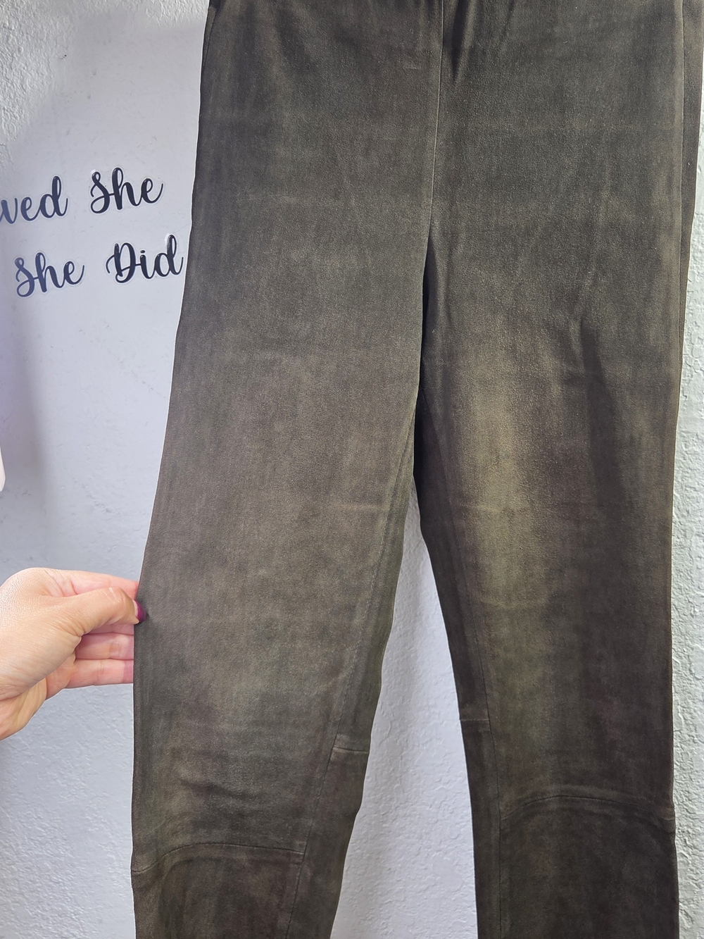 Vince Olive Green 100% Genuine Suede Leather Elastic Waist Leggings Pants Size S